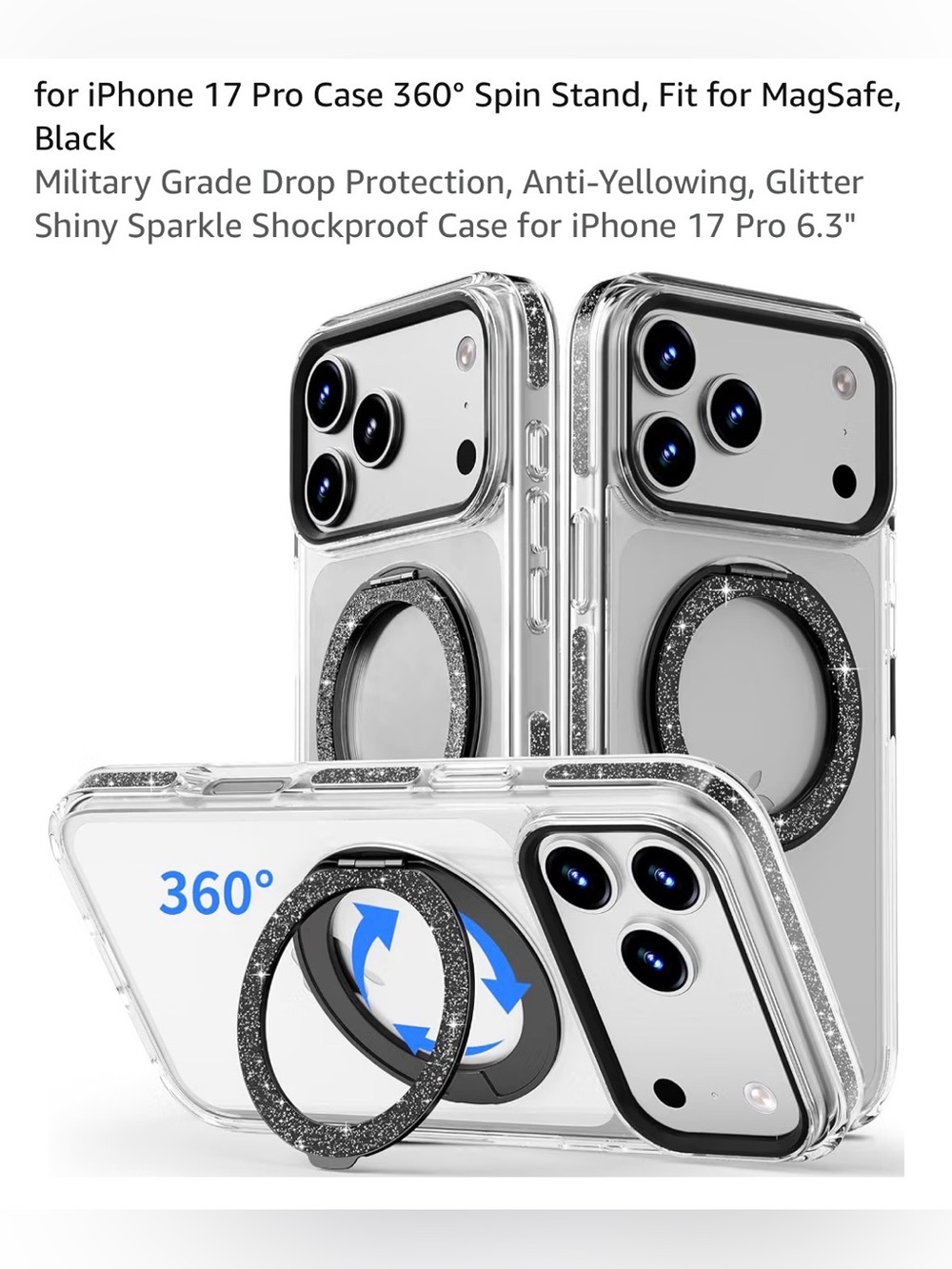 Clear Glitter Magnetic Ring Case for iPhone 17 Pro 6.3” Black Ring military drop
